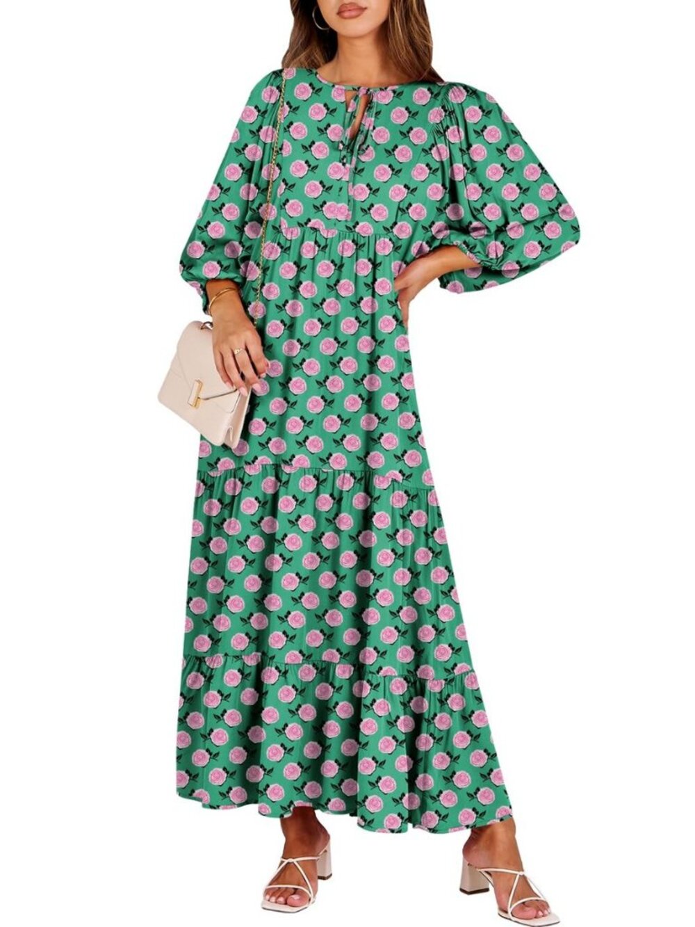 Womens Boho Floral 3/4 Puff Sleeve Maxi Dress